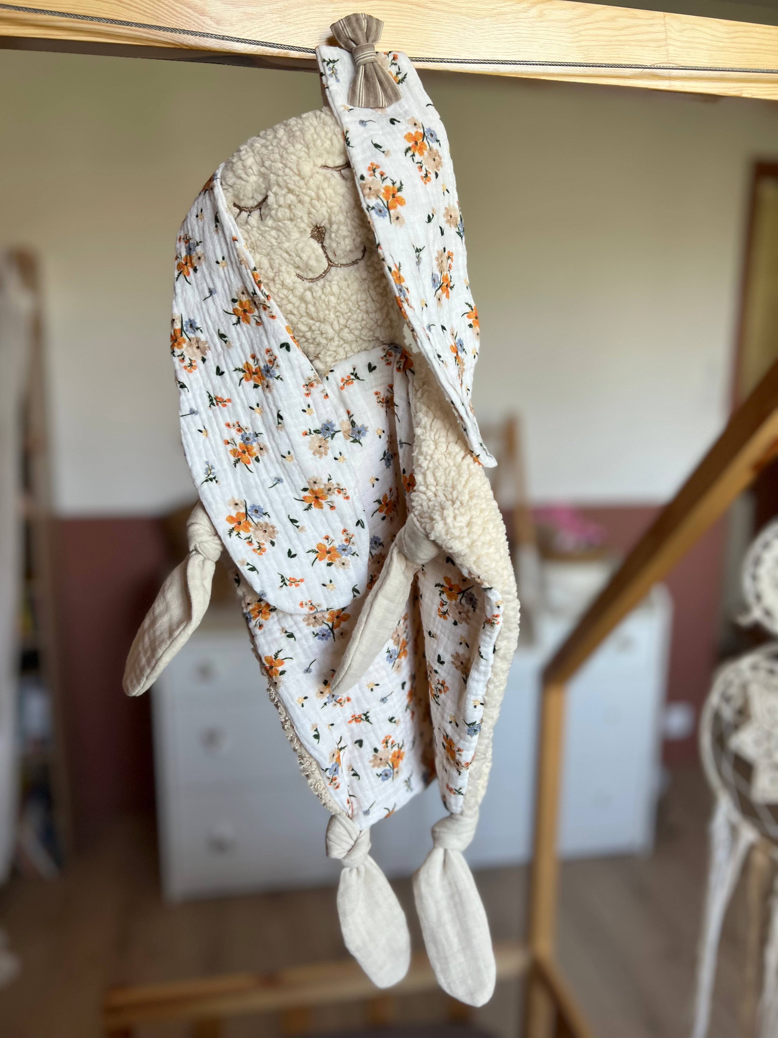 Doudou lapin bébé double gaze et sherpa « Flora » - ultra doux, fait main et personnalisable