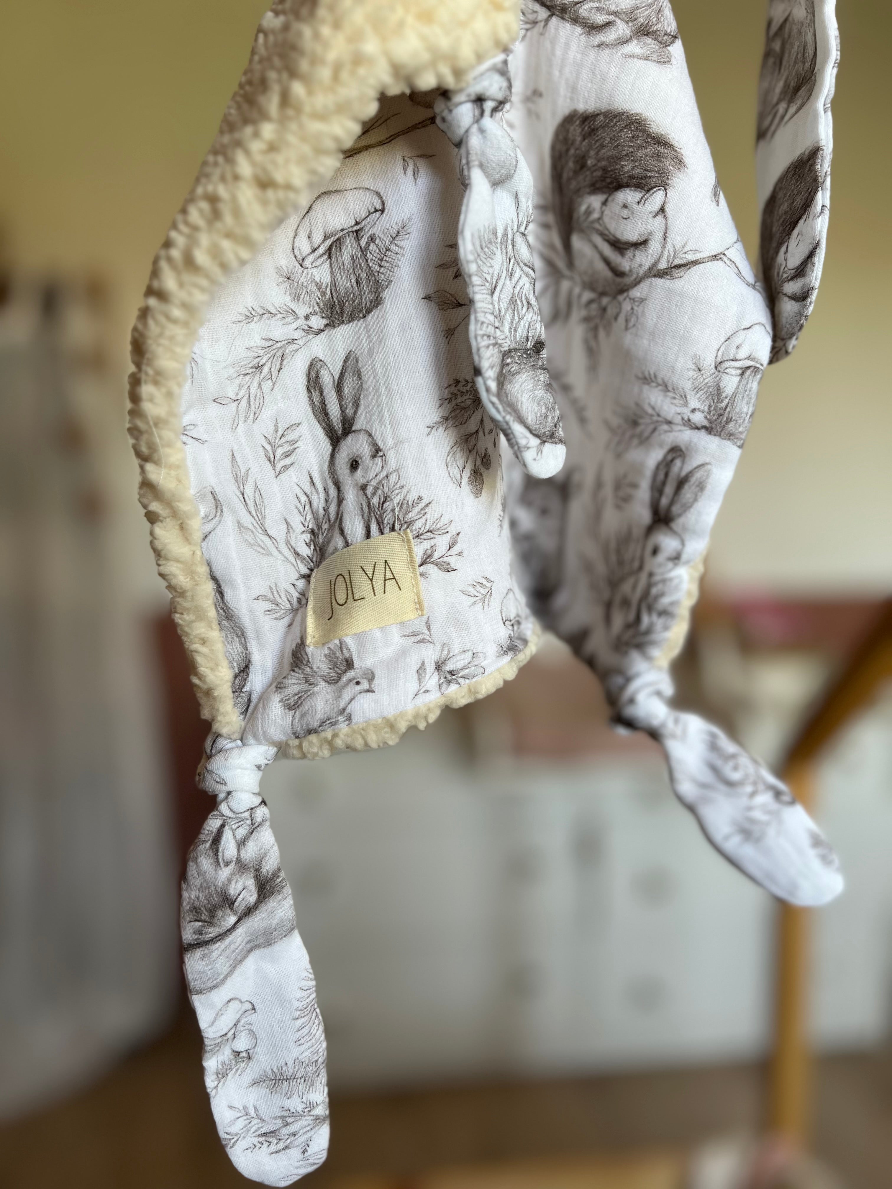 Doudou lapin bébé en double gaze et sherpa « Automne » - ultra doux, fait main et personnalisable