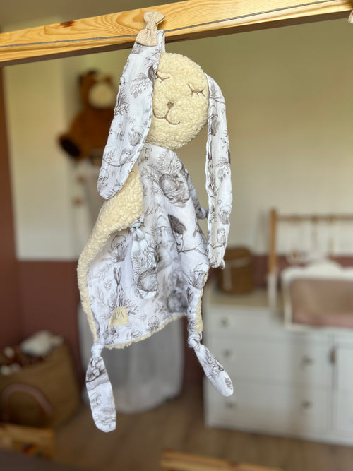 Doudou lapin bébé en double gaze et sherpa « Automne » - ultra doux, fait main et personnalisable