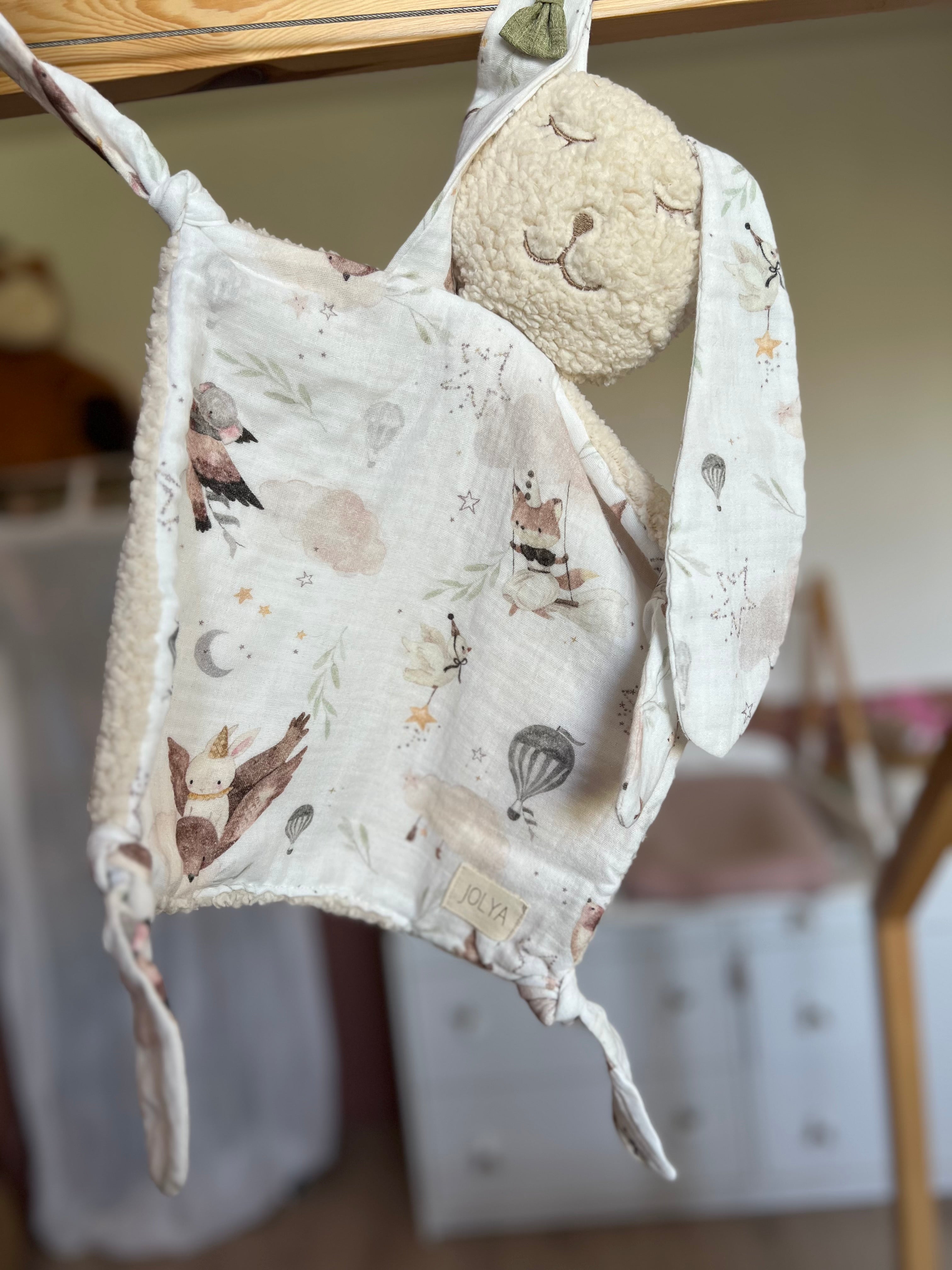 Doudou lapin ultra doux sherpa et double gaze « Côme » - fait main et personnalisable