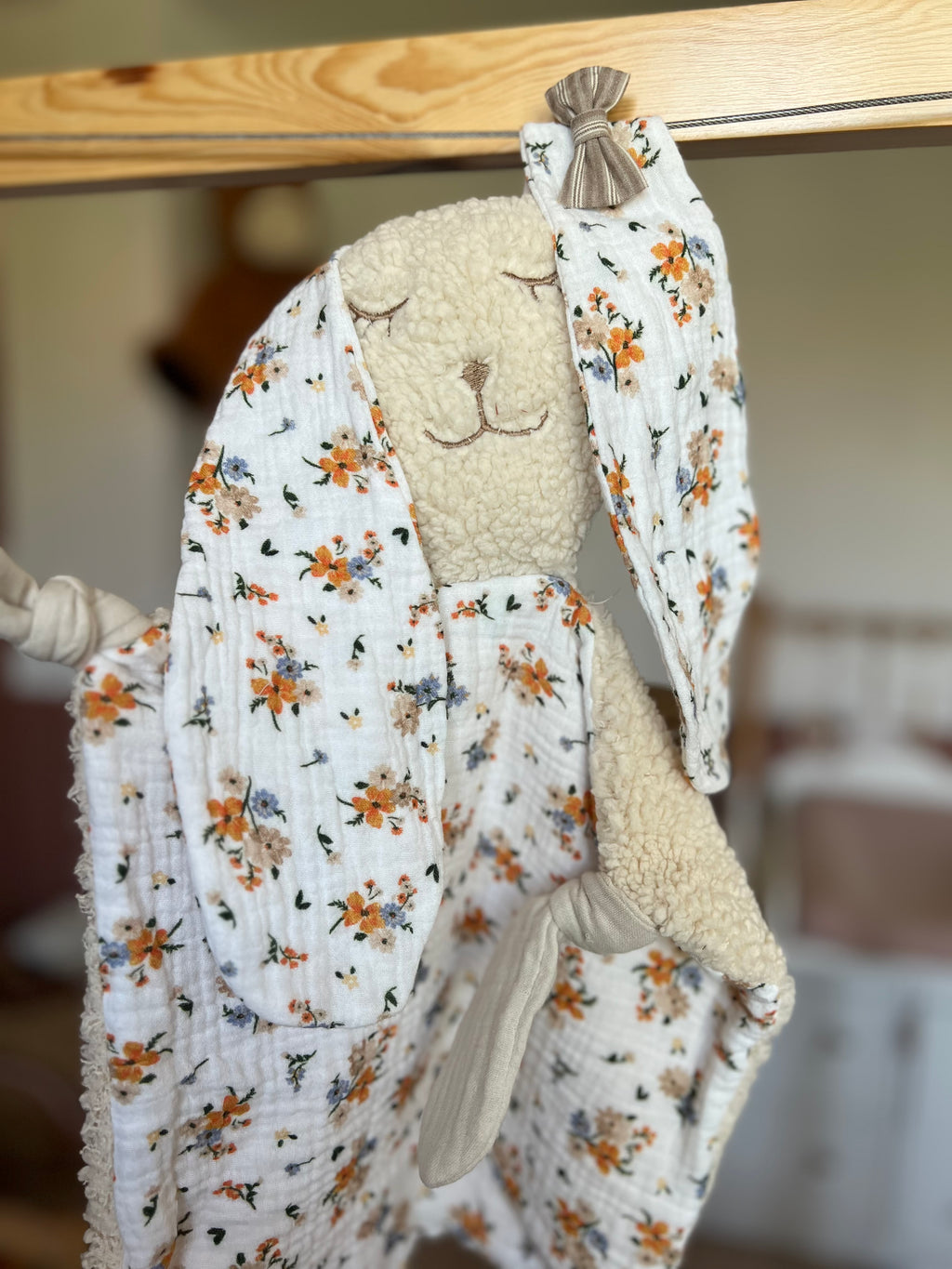 Doudou lapin bébé double gaze et sherpa « Flora » - ultra doux, fait main et personnalisable