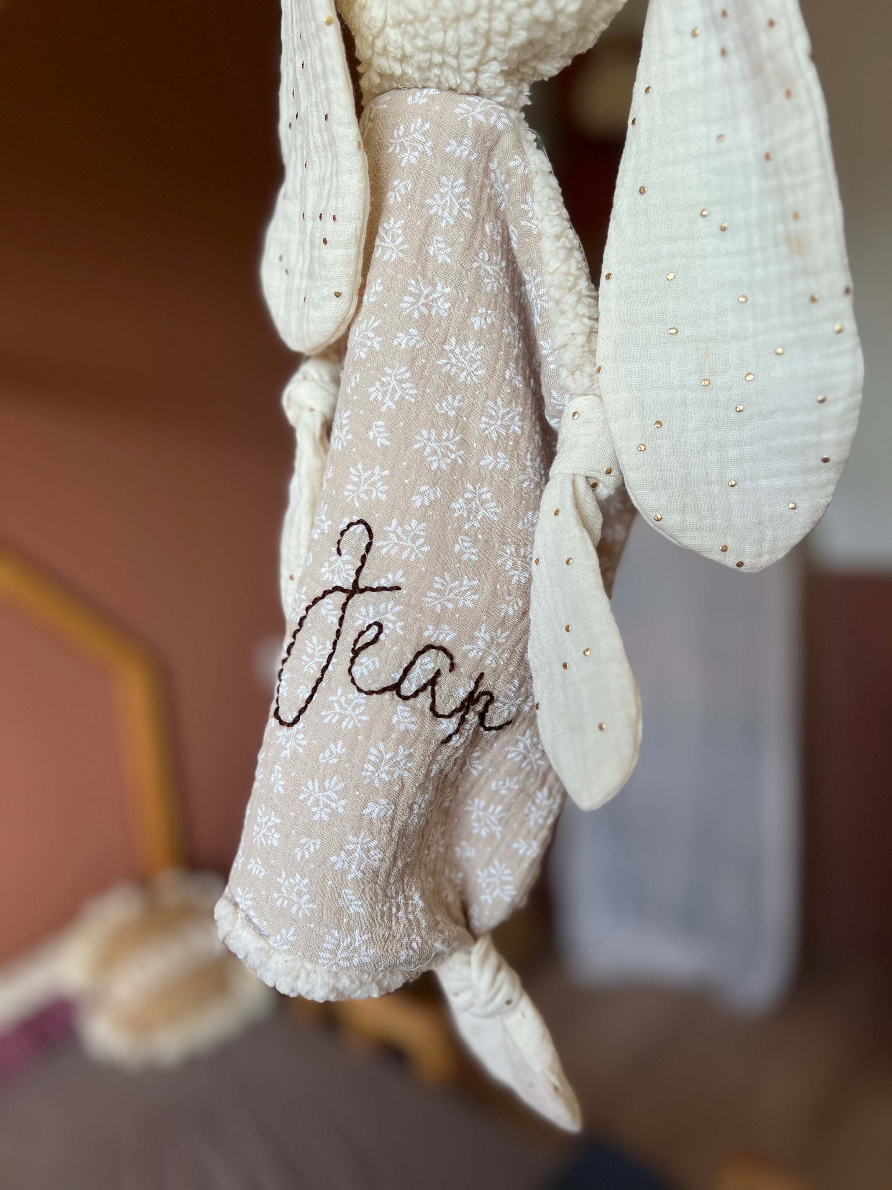 Doudou lapin « Eden » sherpa et double gaze - Ultra doux, fait main et personnalisable