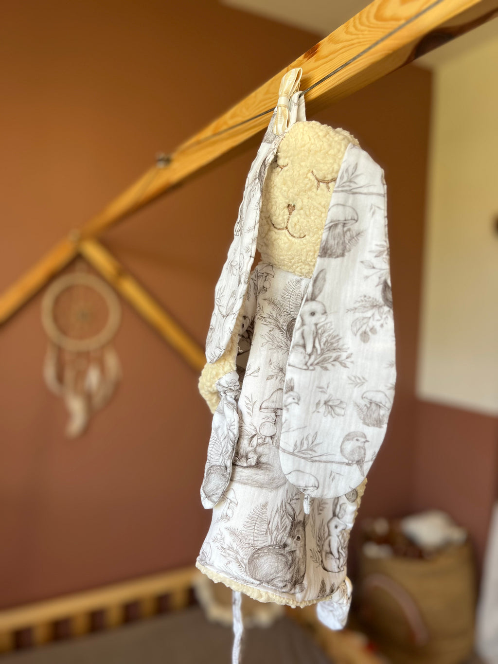 Doudou lapin bébé en double gaze et sherpa « Automne » - ultra doux, fait main et personnalisable