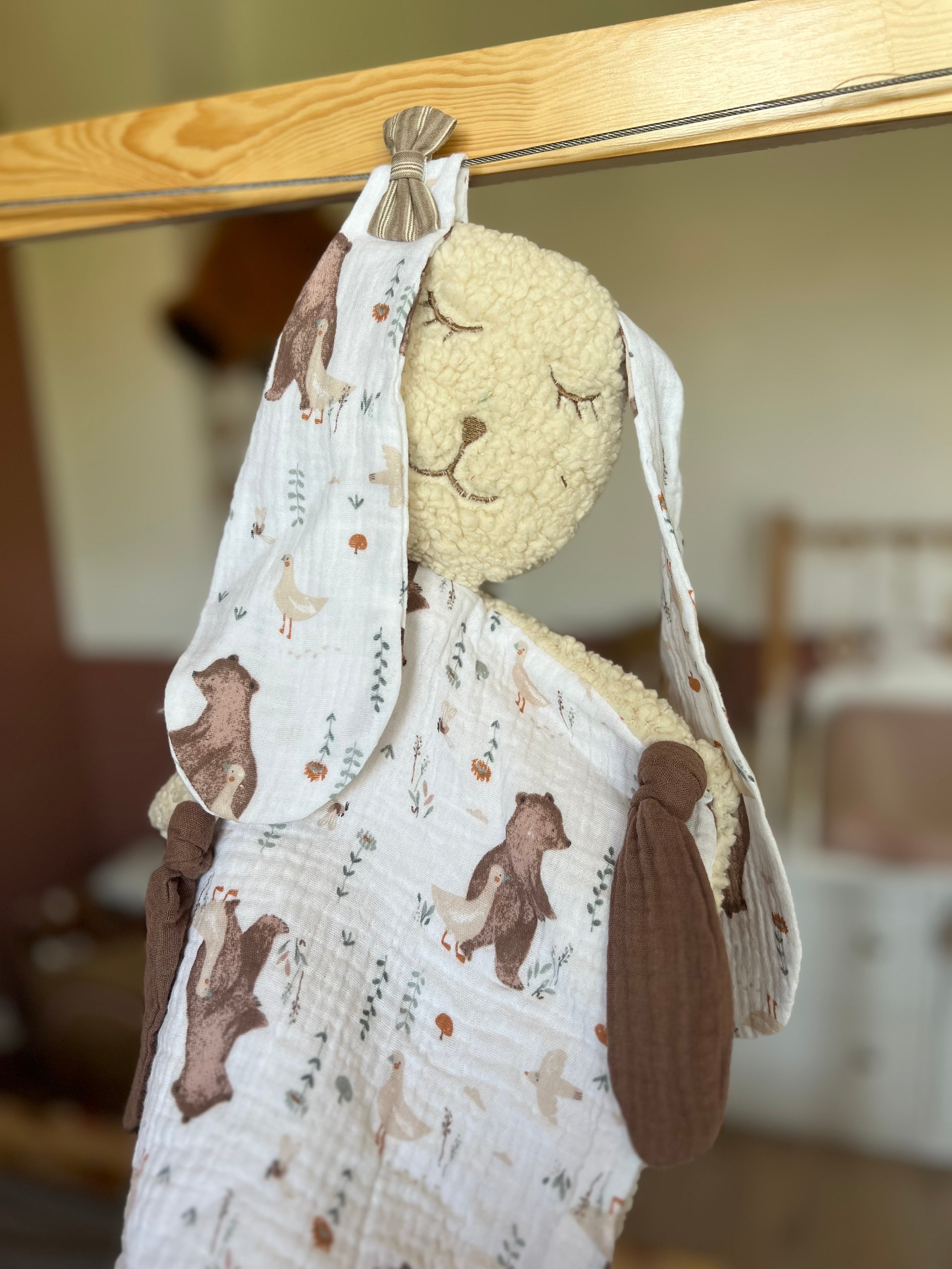 Doudou lapin bébé double gaze et sherpa « Ewen » - Ultra doux, fait main et personnalisable