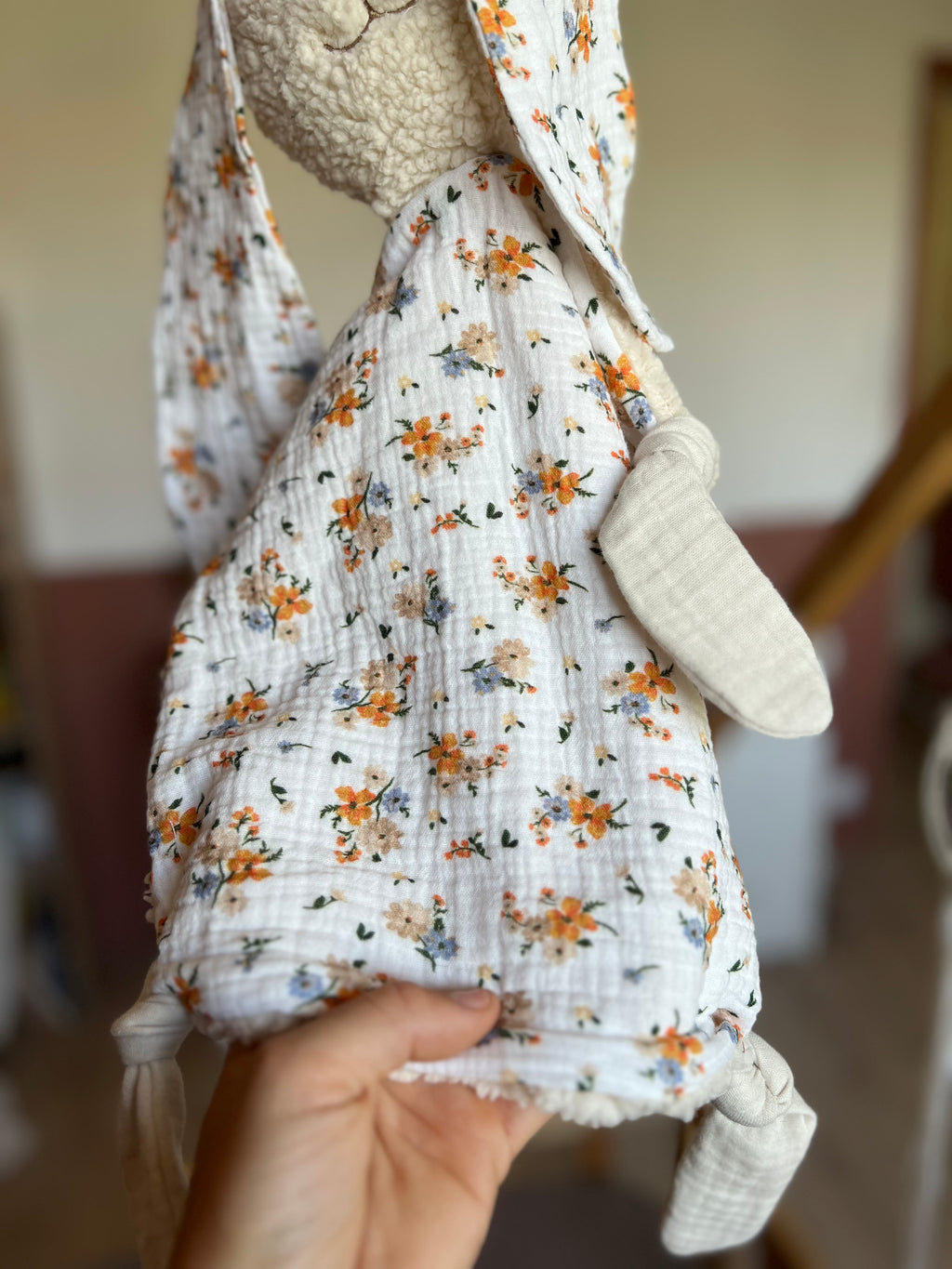 Doudou lapin bébé double gaze et sherpa « Flora » - ultra doux, fait main et personnalisable