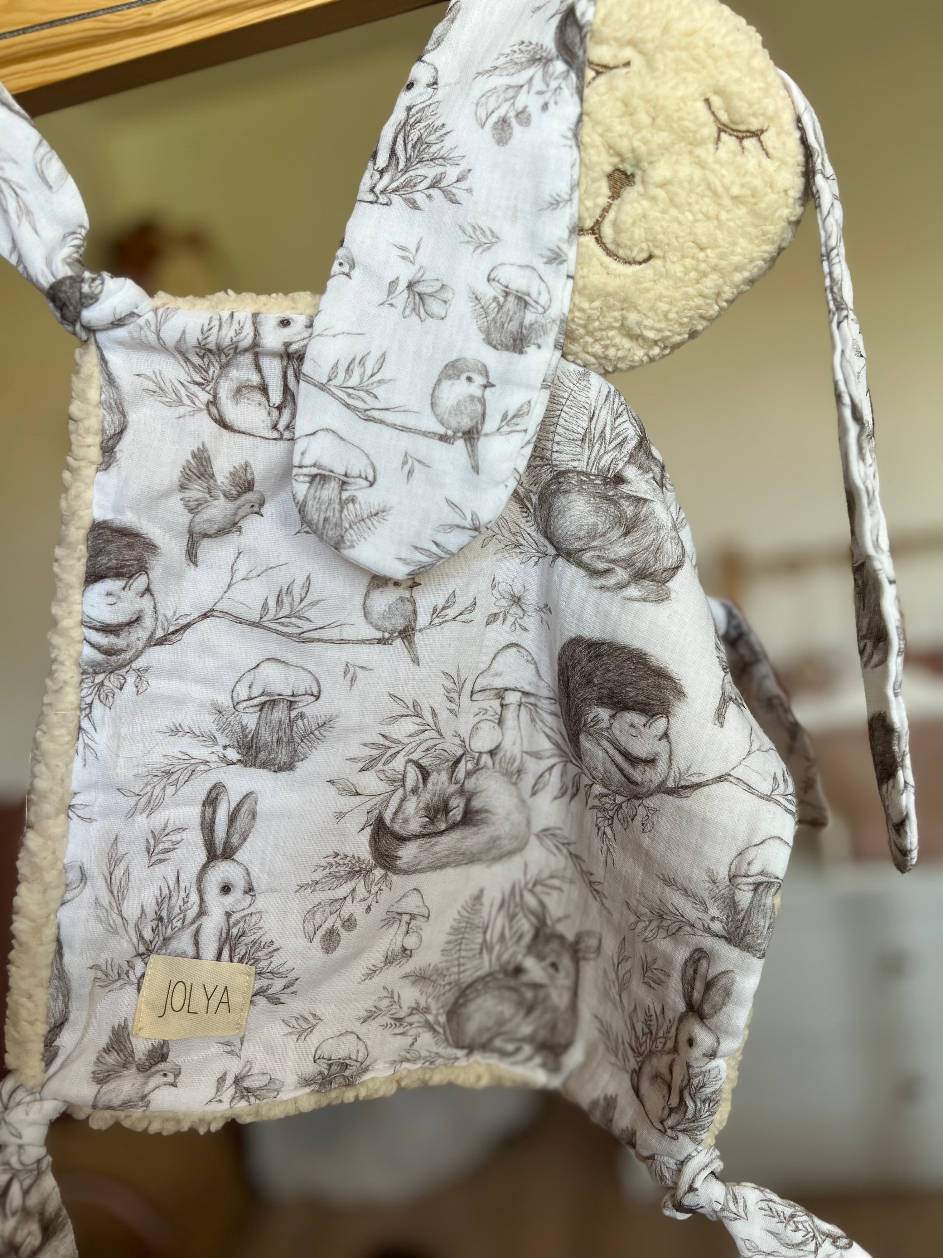 Doudou lapin bébé en double gaze et sherpa « Automne » - ultra doux, fait main et personnalisable