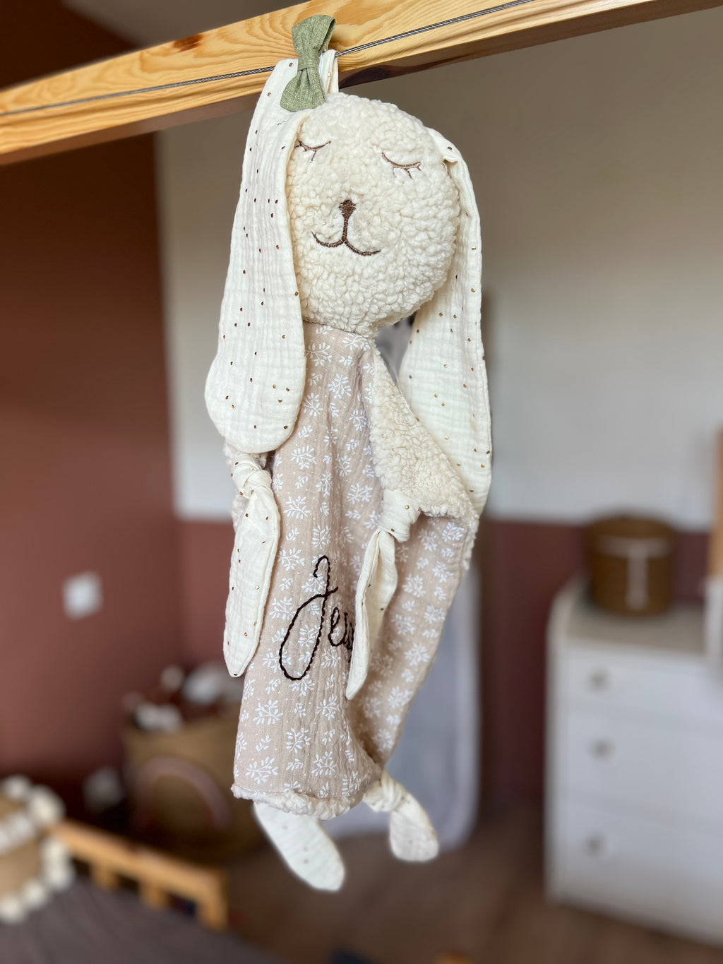 Doudou lapin « Eden » sherpa et double gaze - Ultra doux, fait main et personnalisable