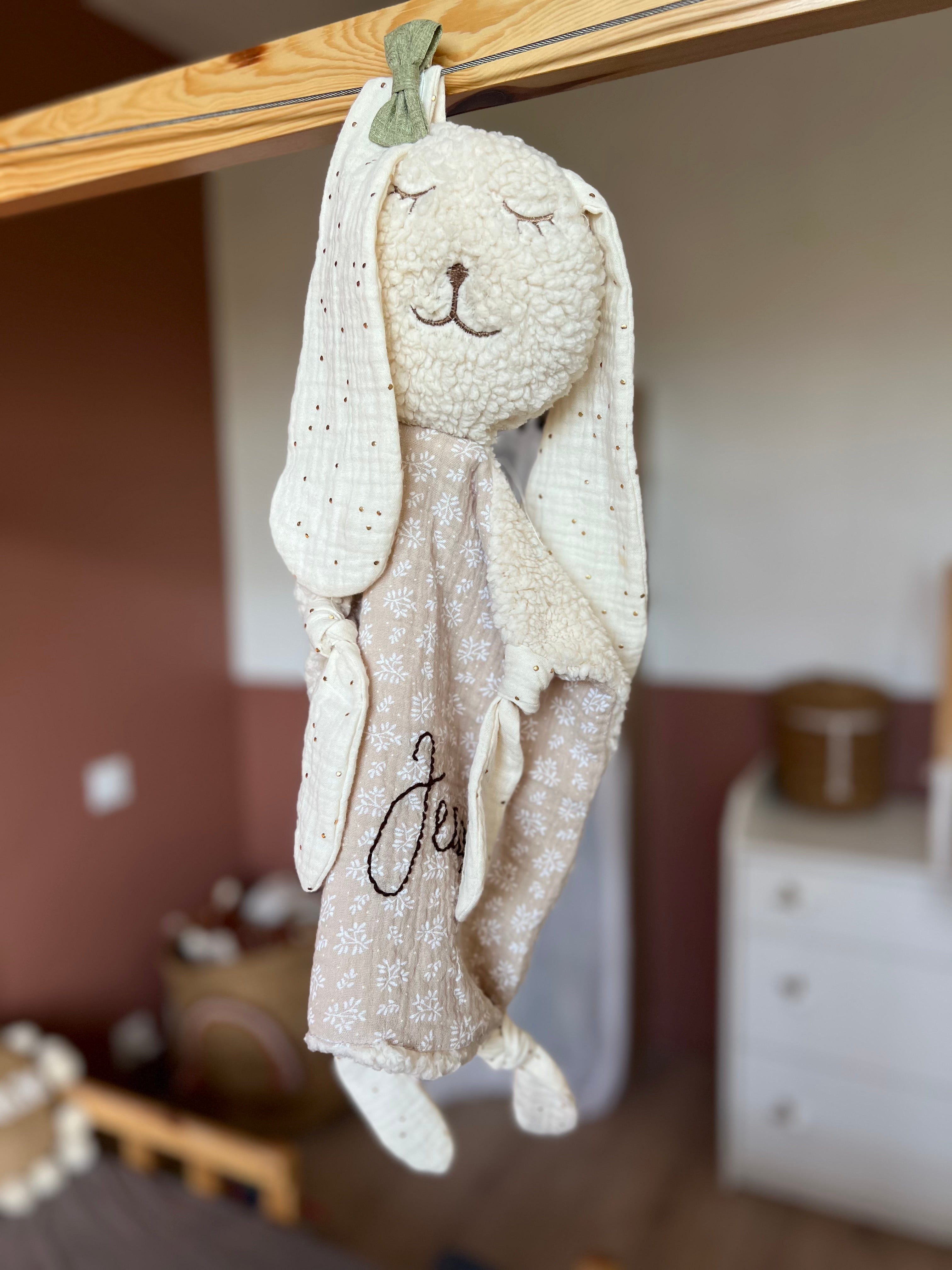 Doudou lapin « Eden » sherpa et double gaze - Ultra doux, fait main et personnalisable