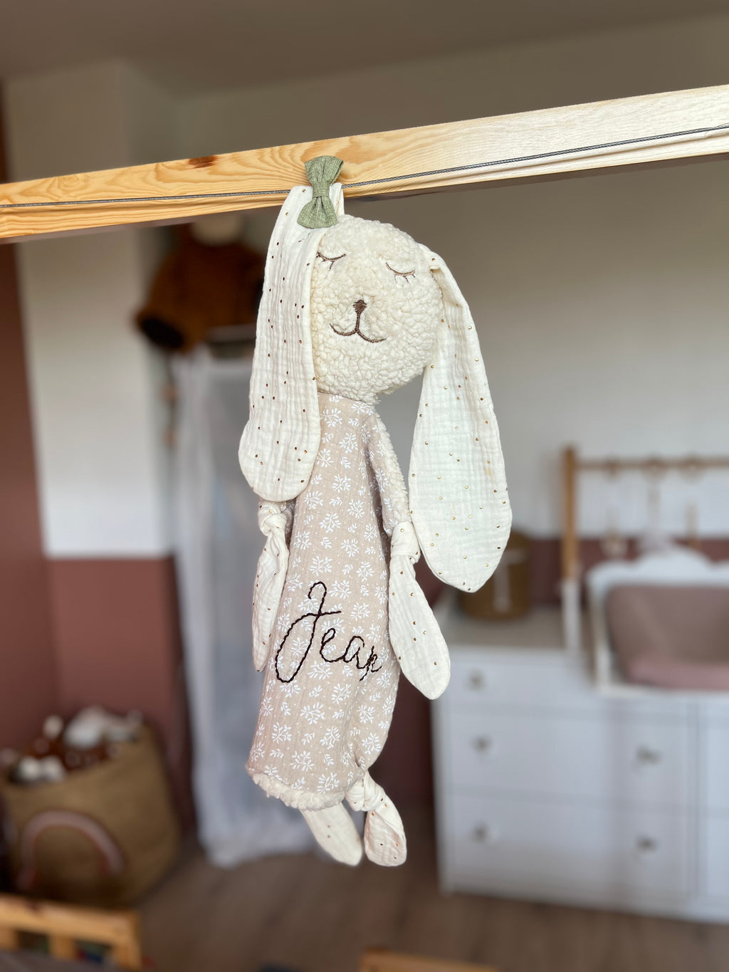 Doudou lapin « Eden » sherpa et double gaze - Ultra doux, fait main et personnalisable