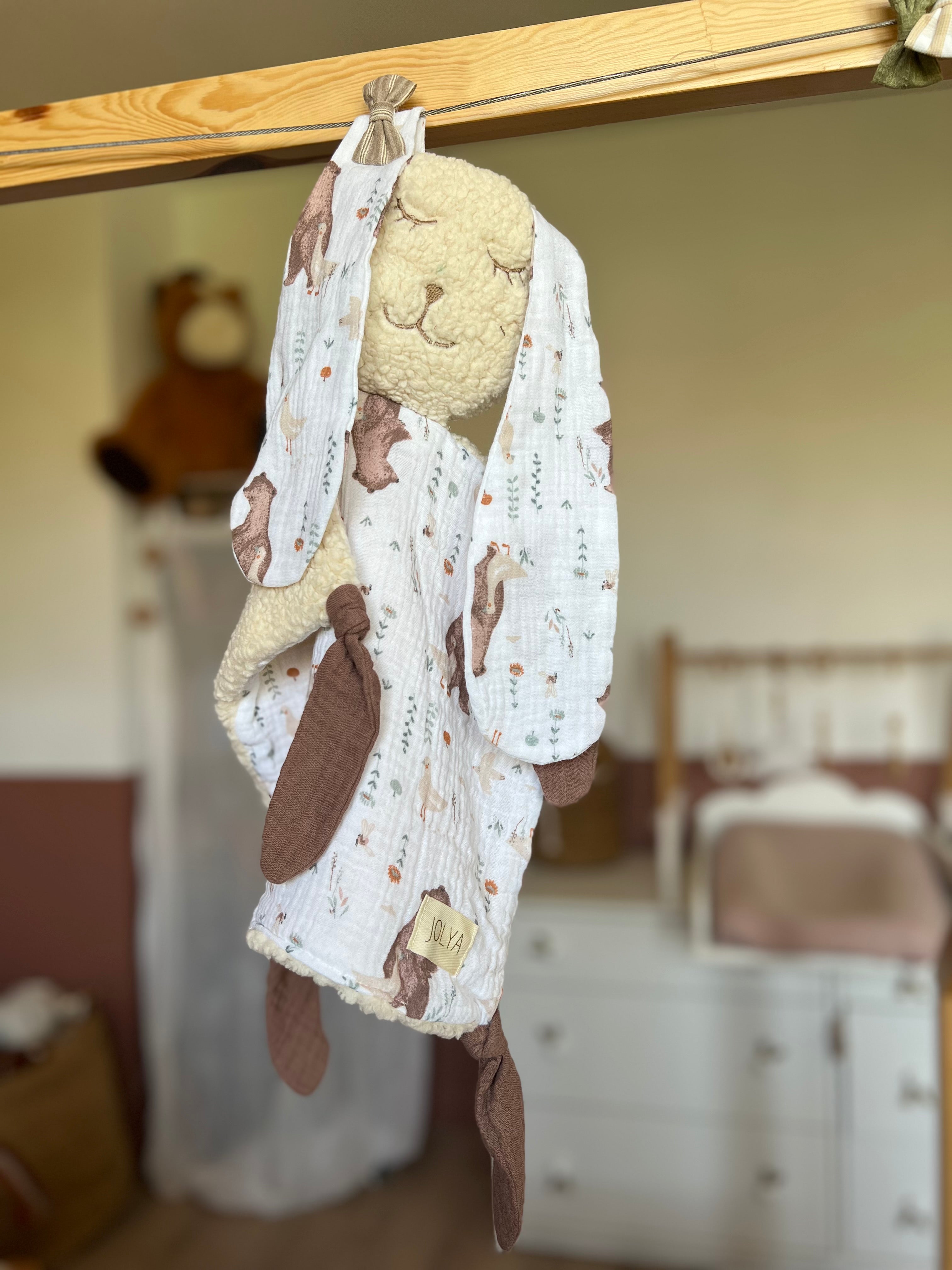 Doudou lapin bébé double gaze et sherpa « Ewen » - Ultra doux, fait main et personnalisable
