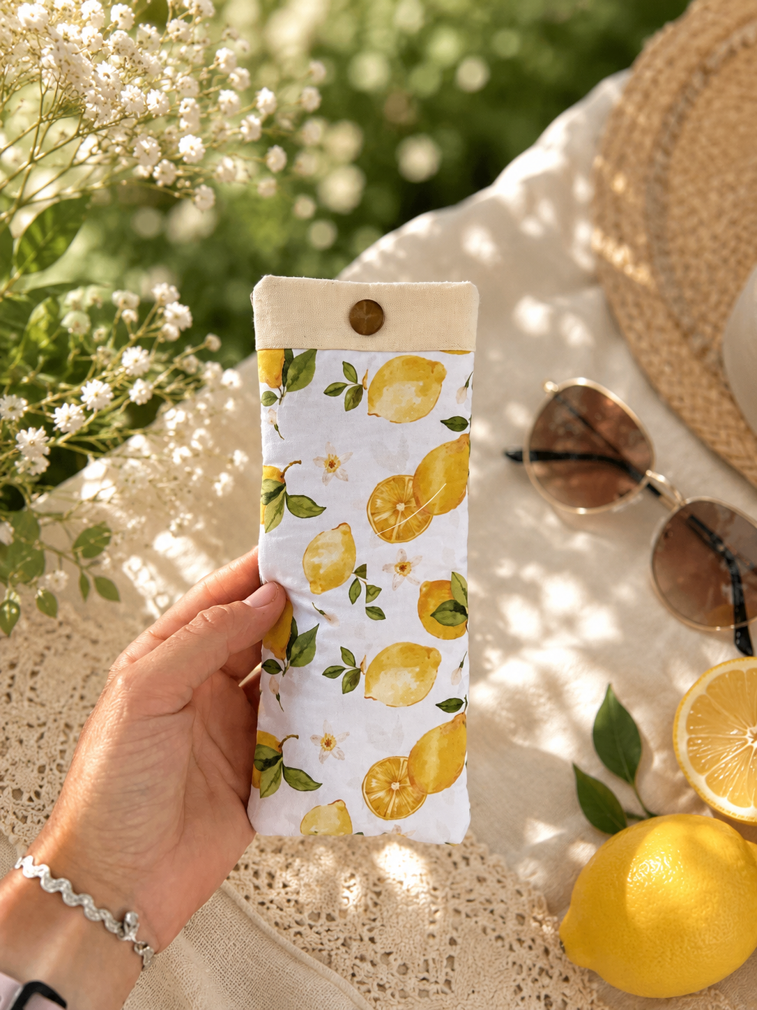 Étui à lunettes fait main en tissu « Lemon crush » 2