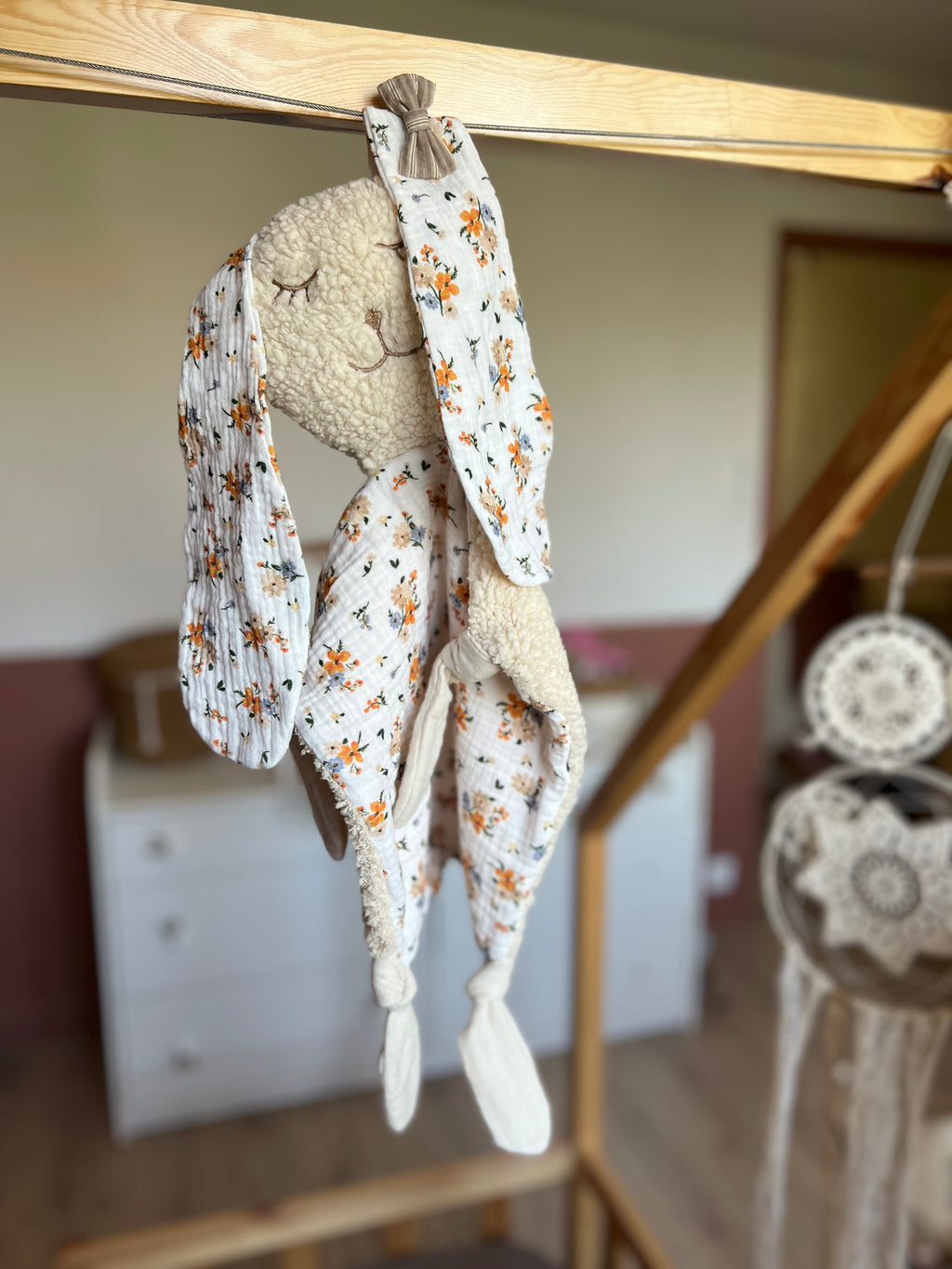 Doudou lapin bébé double gaze et sherpa « Flora » - ultra doux, fait main et personnalisable