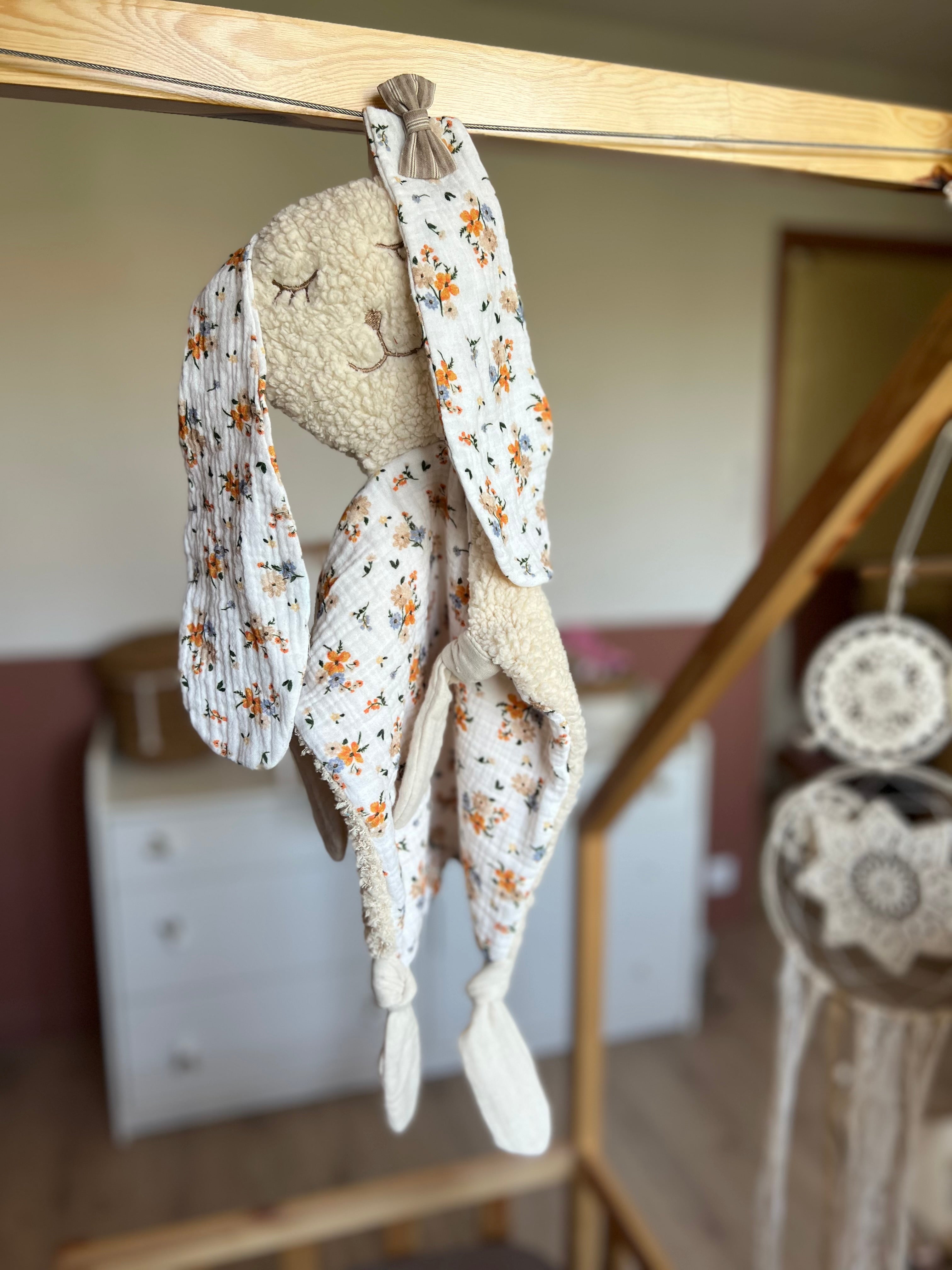 Doudou lapin bébé double gaze et sherpa « Flora » - ultra doux, fait main et personnalisable