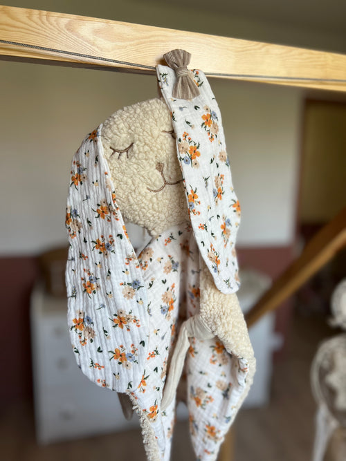 Doudou lapin bébé double gaze et sherpa « Flora » - ultra doux, fait main et personnalisable