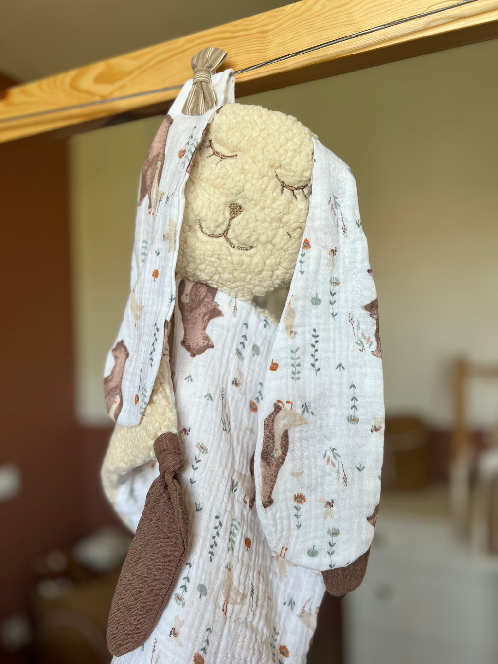 Doudou lapin bébé double gaze et sherpa « Ewen » - Ultra doux, fait main et personnalisable