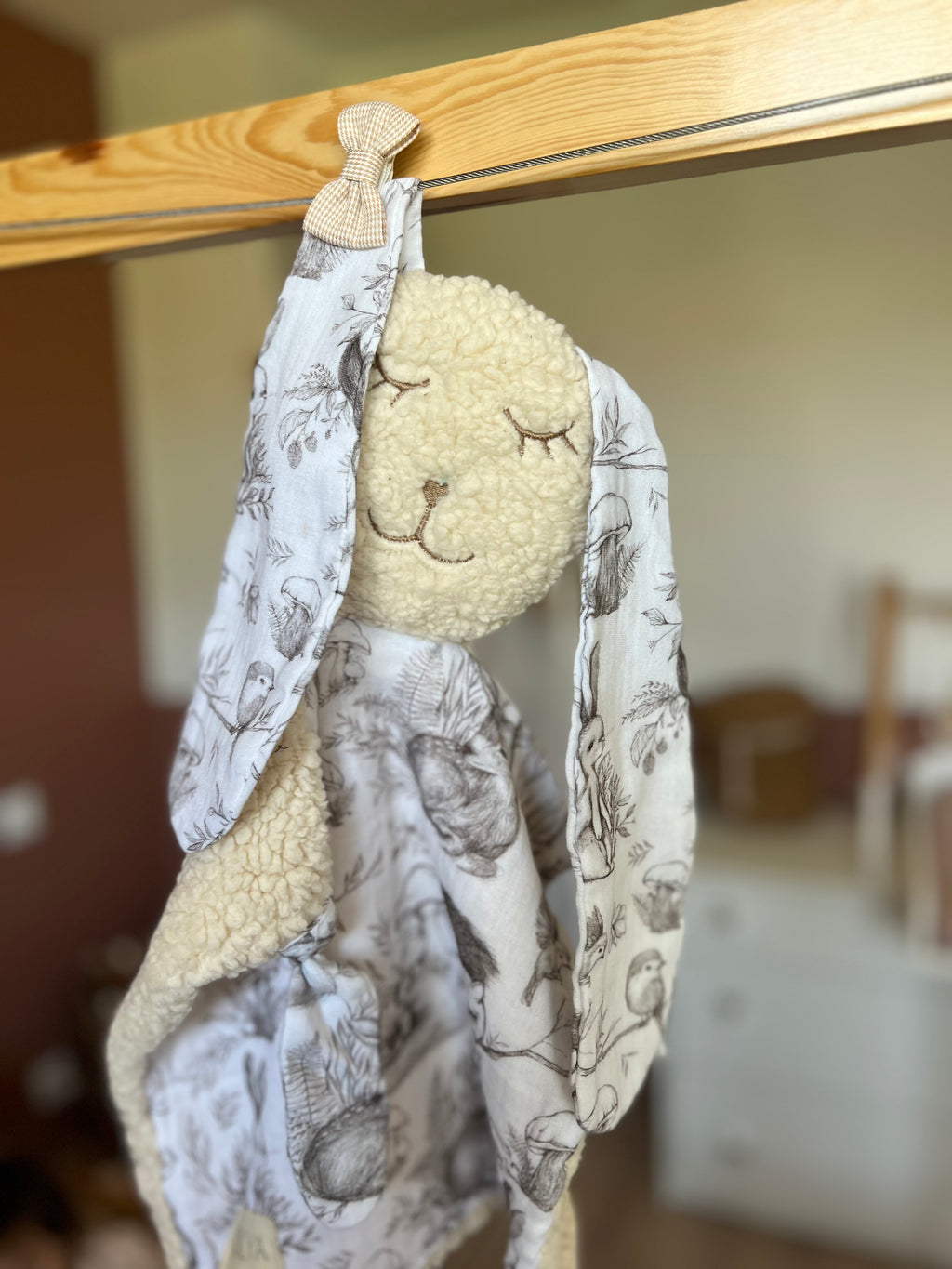 Doudou lapin bébé en double gaze et sherpa « Automne » - ultra doux, fait main et personnalisable