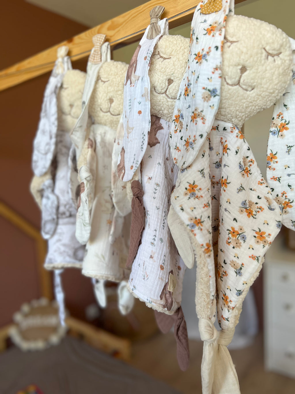 Doudou lapin bébé en double gaze et sherpa « Automne » - ultra doux, fait main et personnalisable