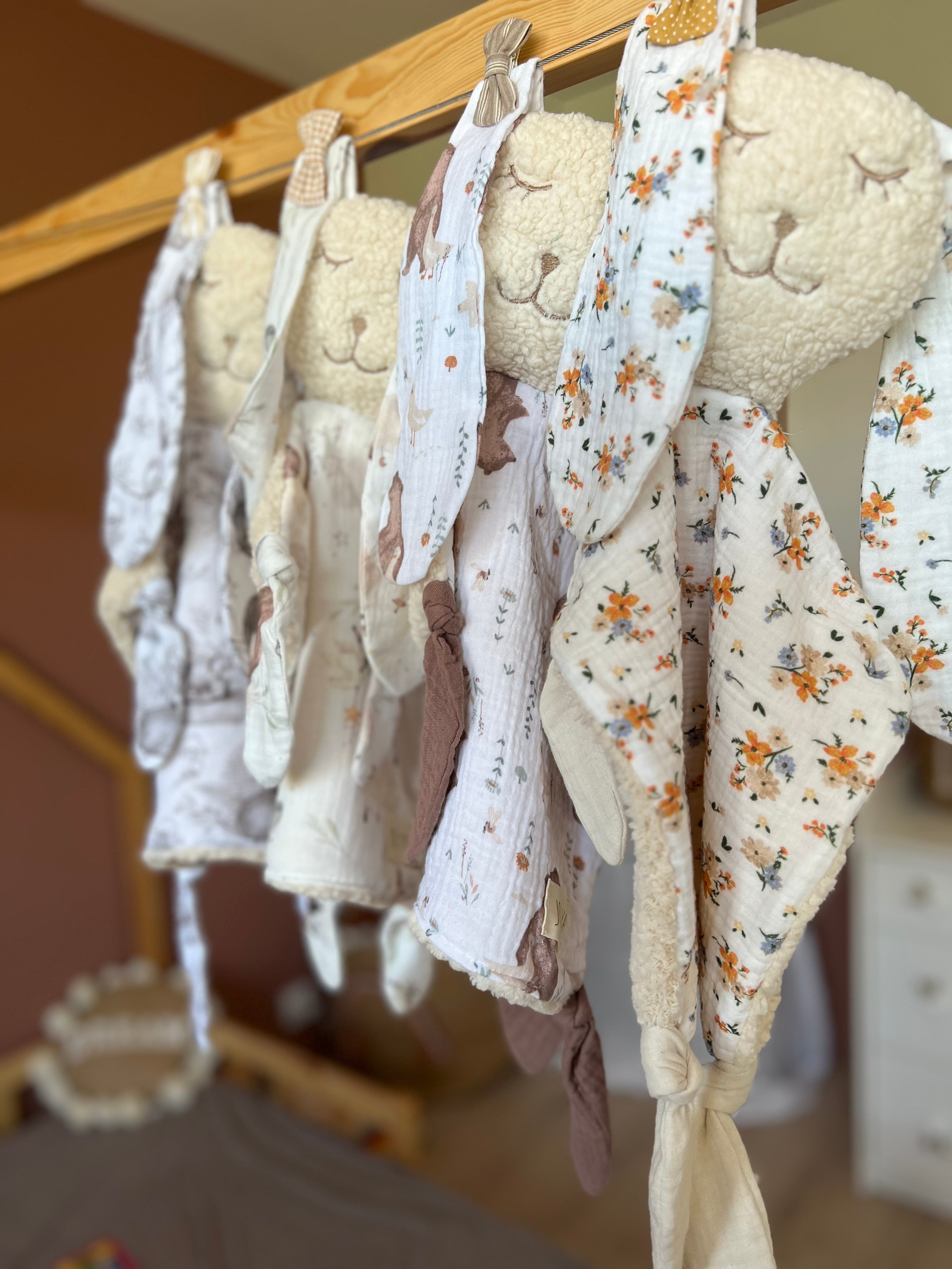 Doudou lapin bébé en double gaze et sherpa « Automne » - ultra doux, fait main et personnalisable