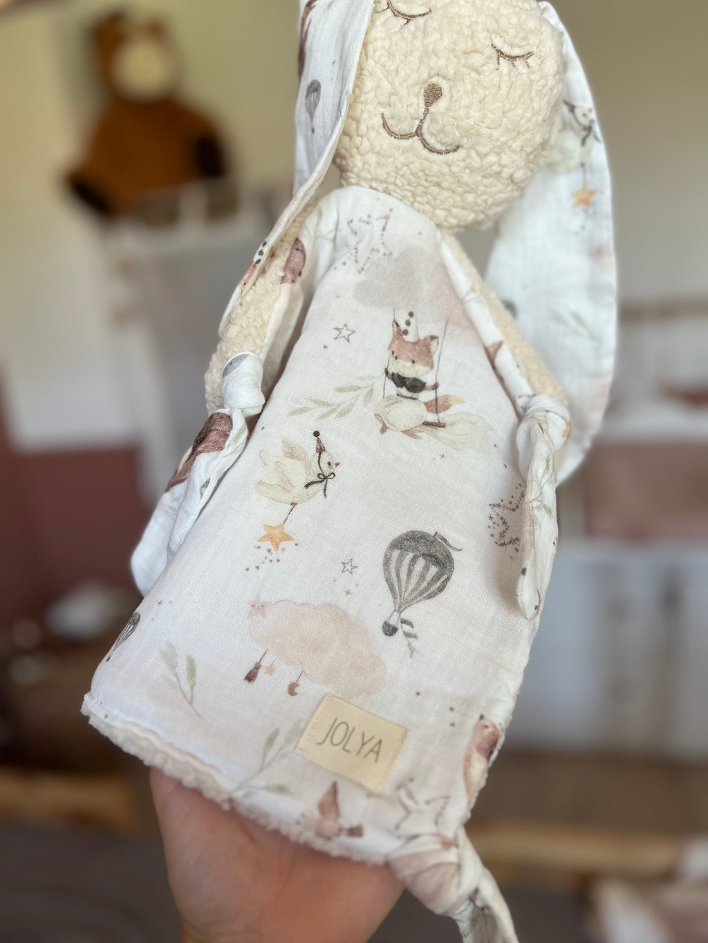 Doudou lapin ultra doux sherpa et double gaze « Côme » - fait main et personnalisable