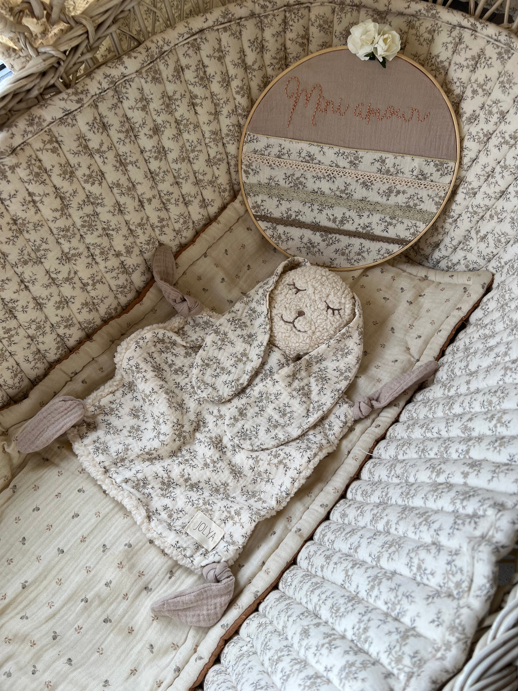 Doudou lapin « Sacha » sherpa et double gaze - Ultra doux, fait main et personnalisable